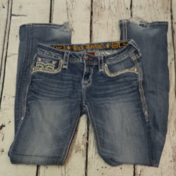 Kaylee Rock Revival Blue Jeans w/Embellished Pockets, Boot Cut - Picture 1 of 10